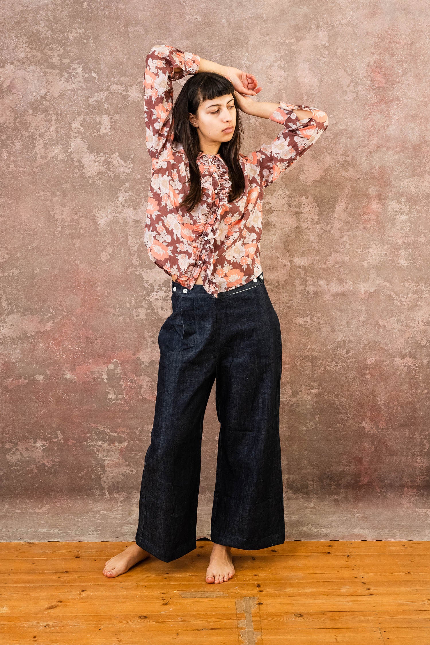 frill front party shirt silk cotton voile print