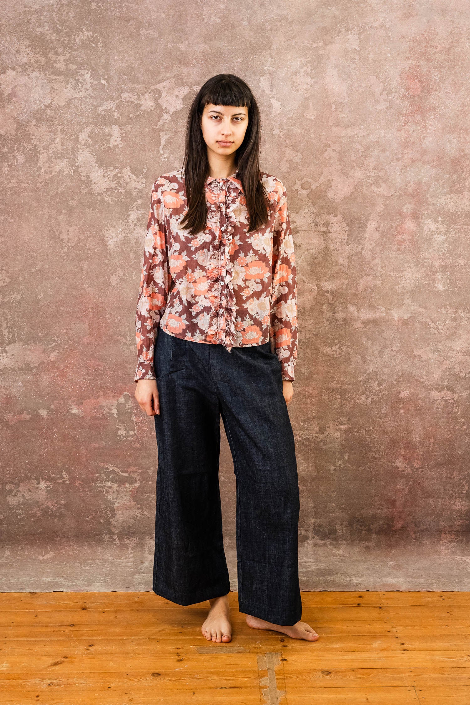frill front party shirt silk cotton voile print