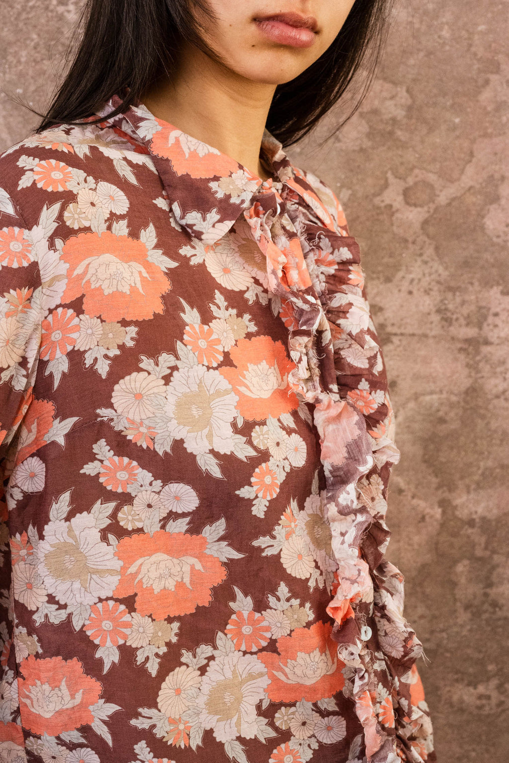 frill front party shirt silk cotton voile print