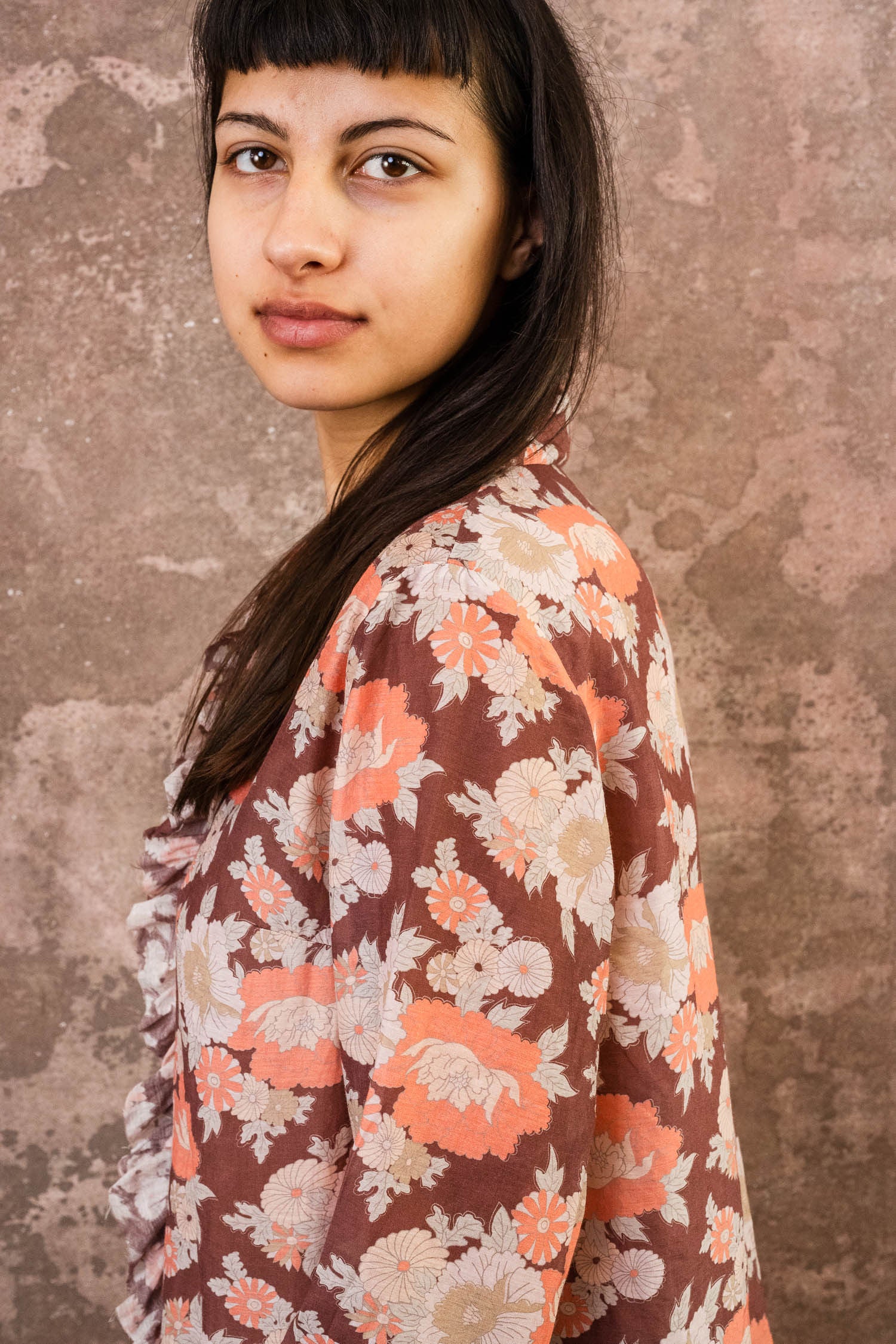 frill front party shirt silk cotton voile print