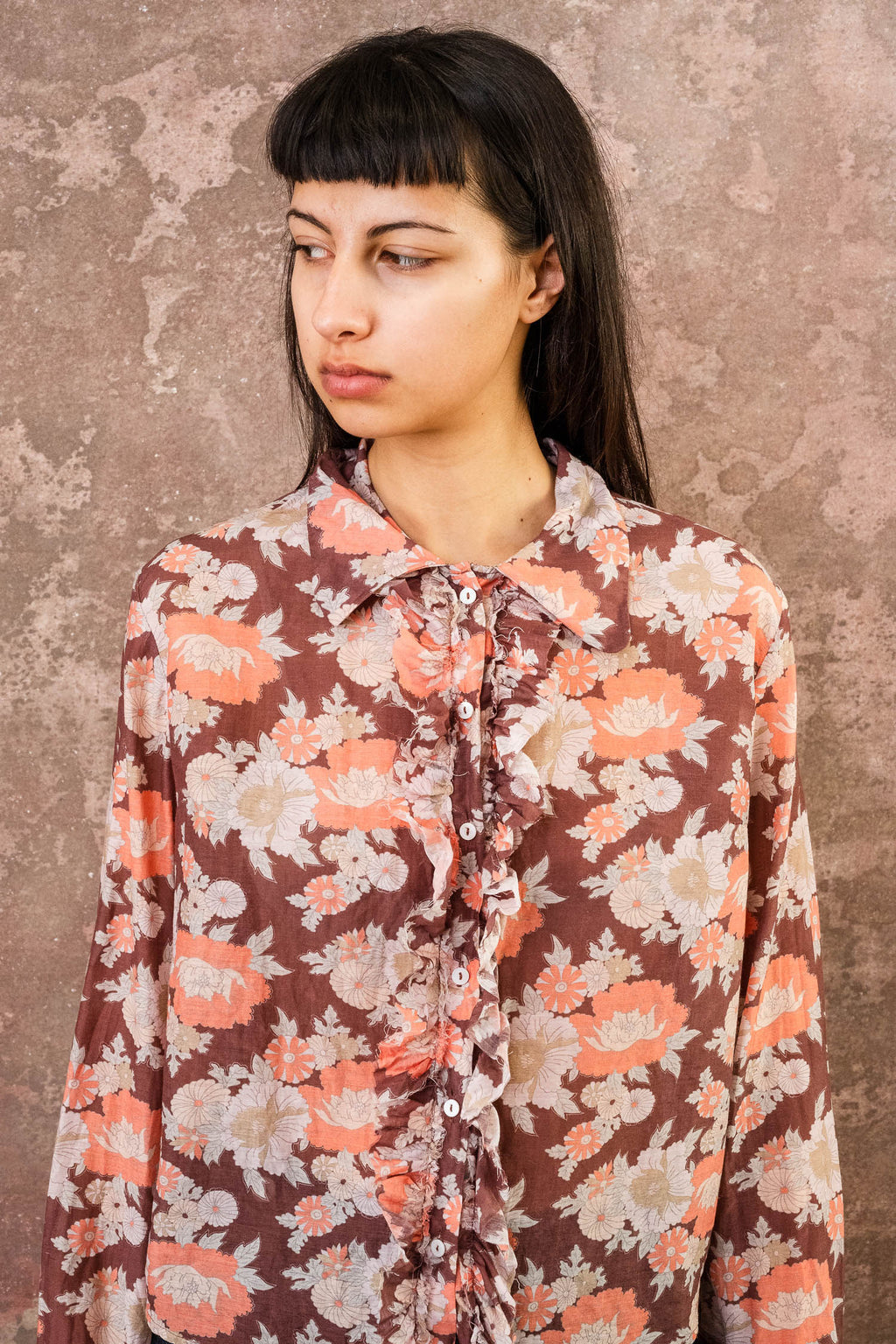 frill front party shirt silk cotton voile print