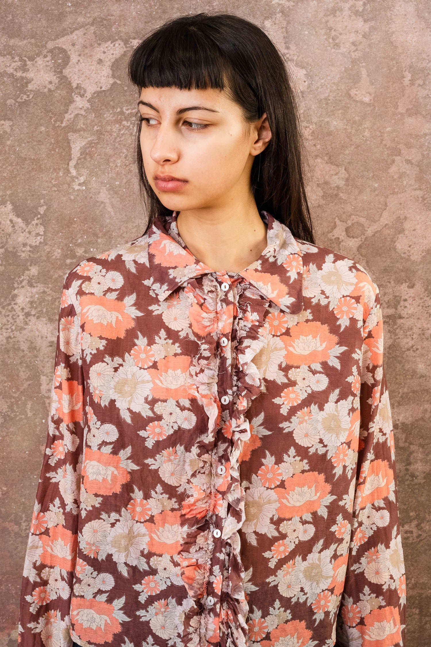 frill front party shirt silk cotton voile print