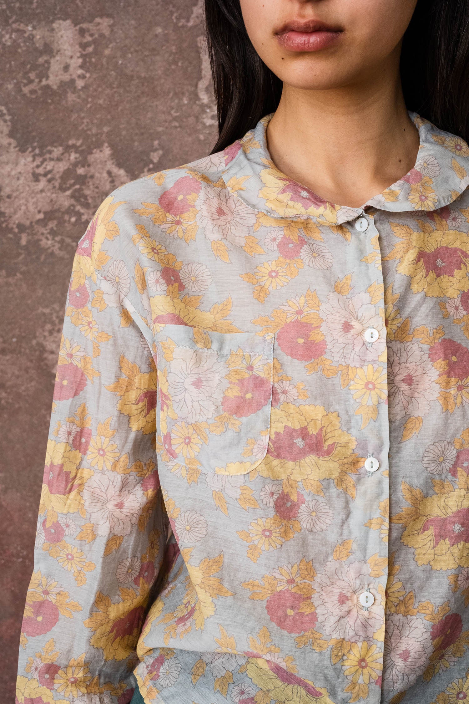 round collar shirt silk cotton voile print