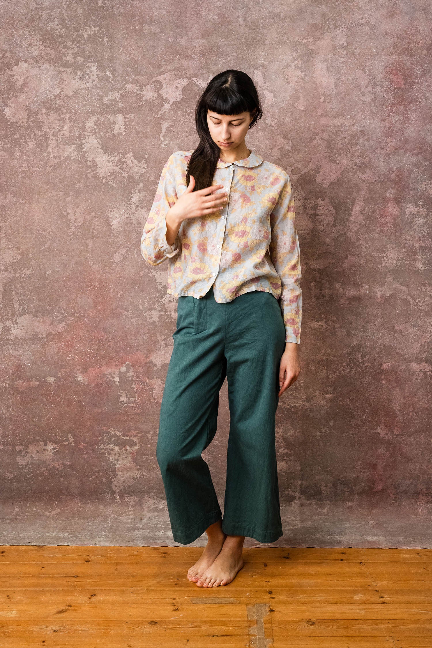 round collar shirt silk cotton voile print