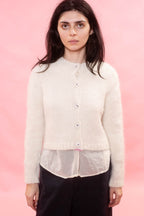 A woman modeling a cream-coloured, long-sleeve knit cardigan with a button-up front, layered over a sheer white shirt and black trousers, set against a solid pink background.