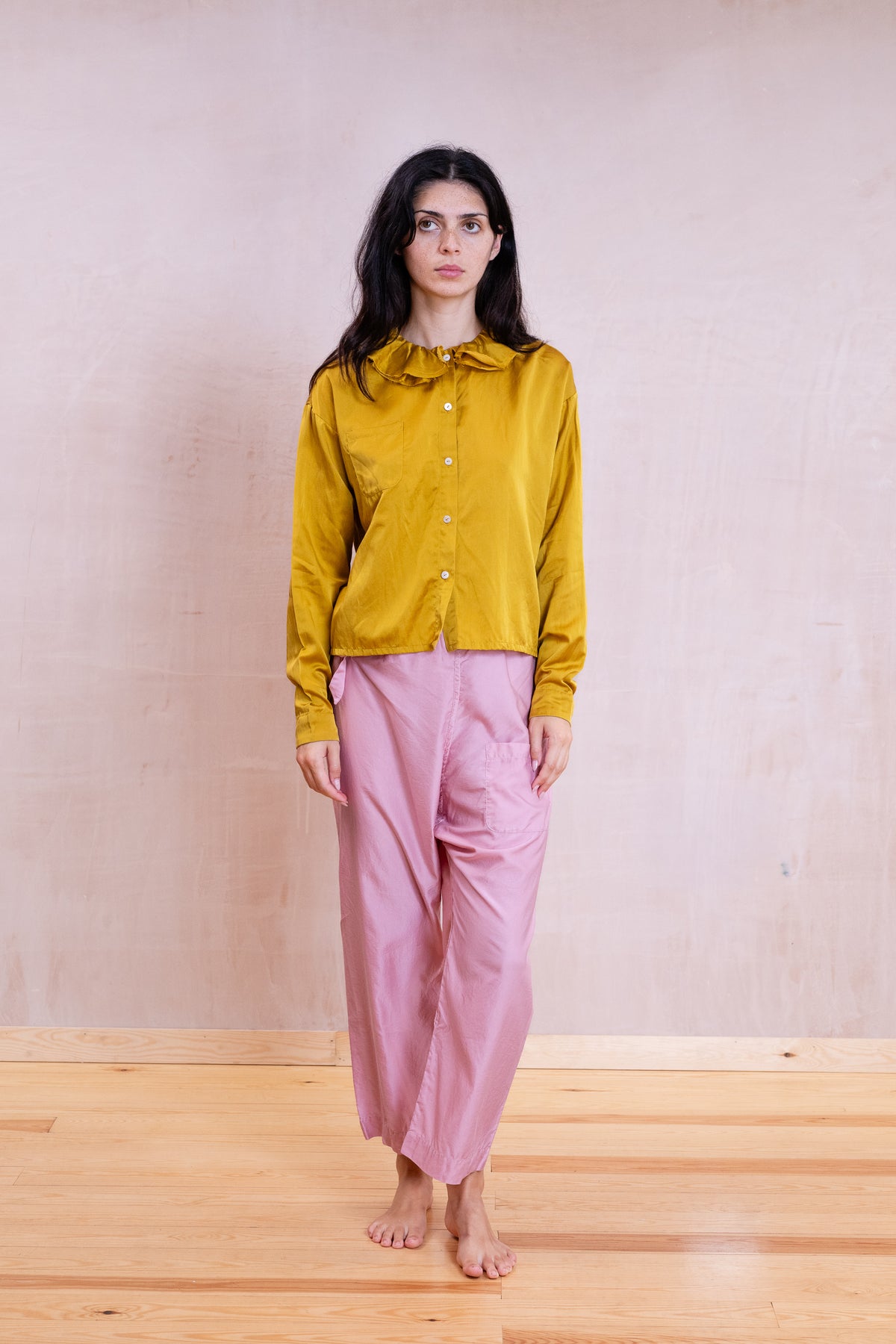puckered collar blouse silk cotton satin