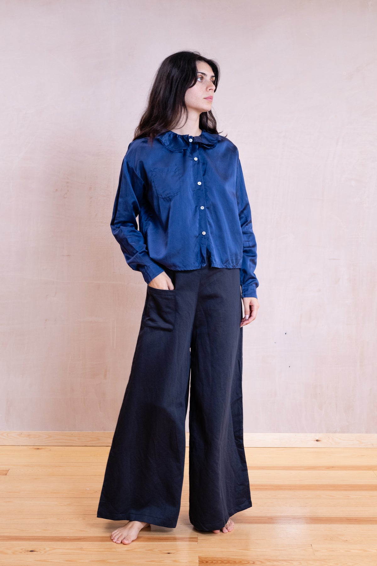 puckered collar blouse silk cotton satin