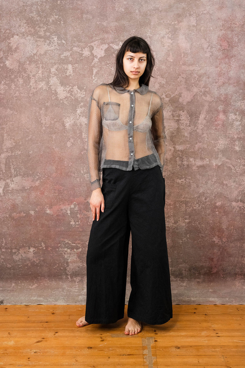 round collar shirt silk organza print