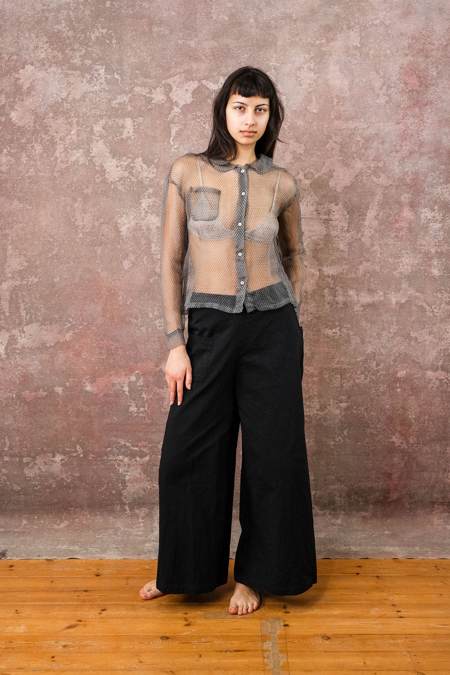 round collar shirt silk organza print