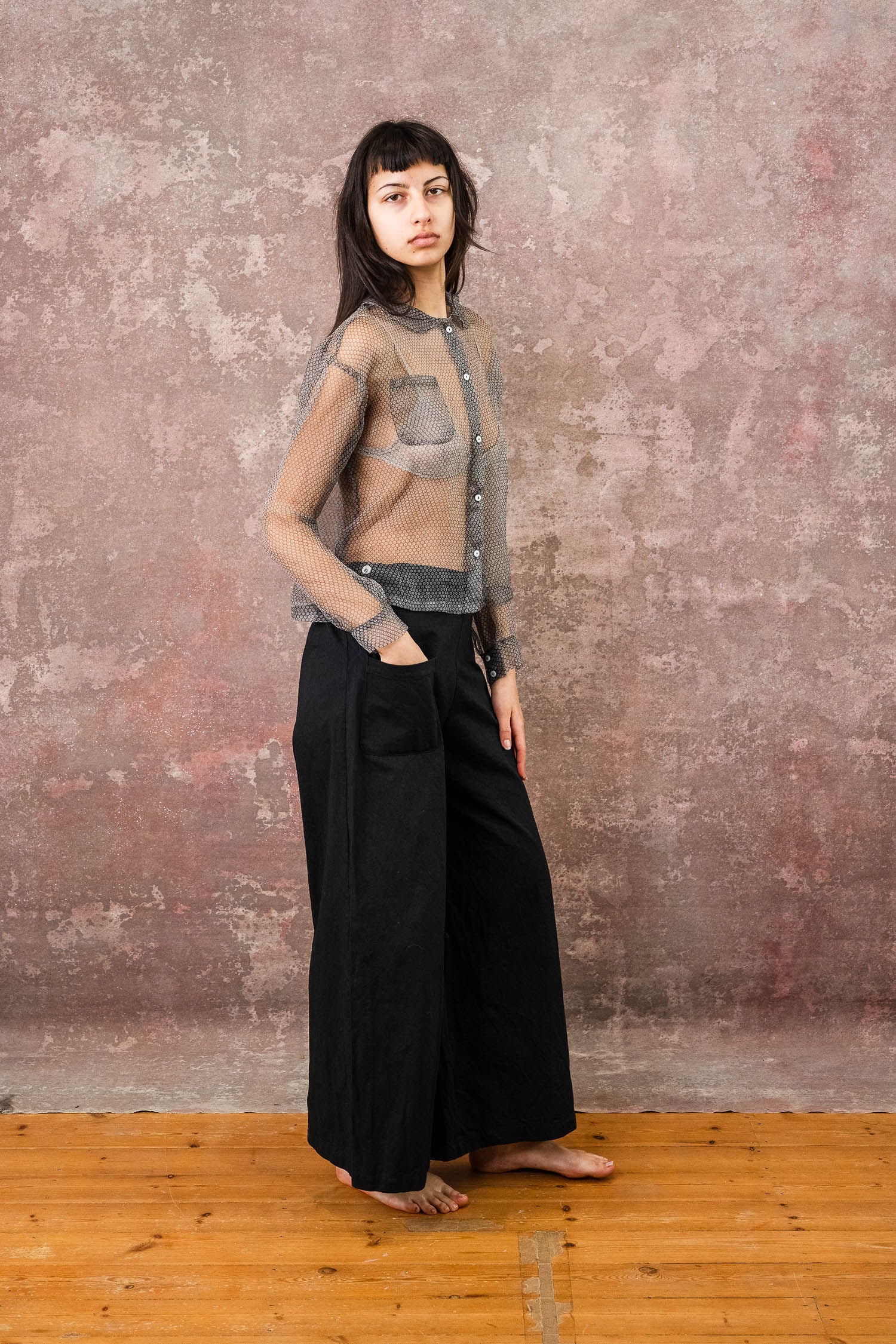 round collar shirt silk organza print