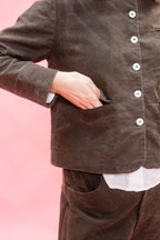 A close-up of a person wearing a dark green cotton jacket with white buttons, showing a hand reaching into a front pocket, set against a solid pink background.